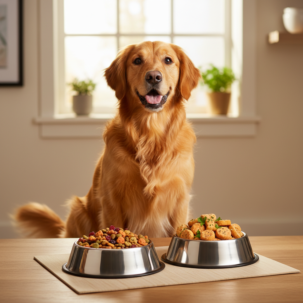 Happy dog enjoying premium food